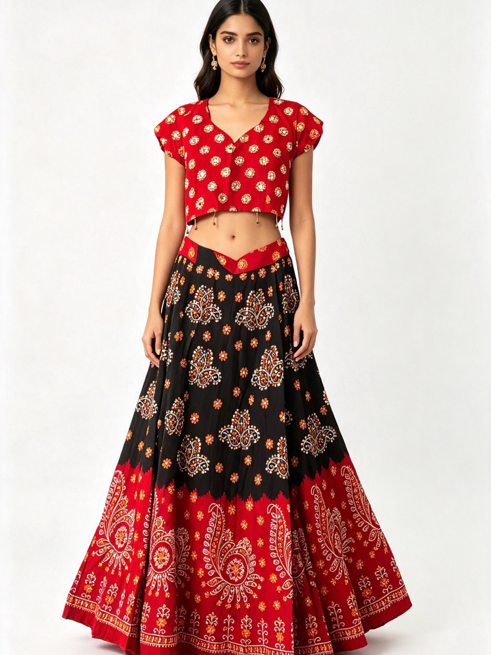 Vibrant Red & Black Navratri Chaniya Choli - Traditional Garba Diwali Set